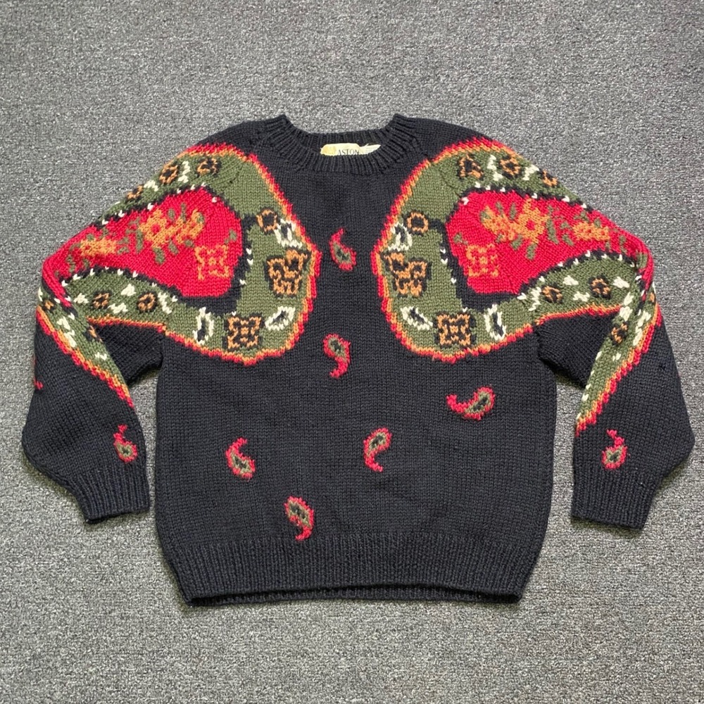 Vintage Aston Wool Sweater Black Paisley Womens Medium Geometric Knit Crewneck